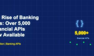 Code brackets with 5000 plus count representing banking API availability