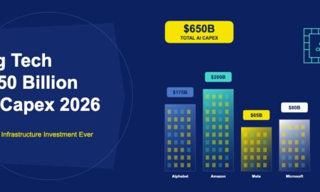 Four company towers showing Alphabet Amazon Meta Microsoft AI capital expenditure totalling $650 billion on dark navy background
