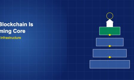 Layered foundation blocks with chain links bank building and globe symbol on dark blue grid background