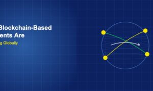 Globe with curved payment arrows and coin markers showing global blockchain payment flows on dark blue grid