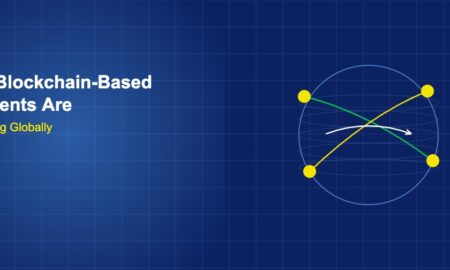Globe with curved payment arrows and coin markers showing global blockchain payment flows on dark blue grid