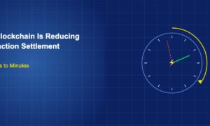 Clock face with speed arrow and lightning bolt symbol showing fast settlement on dark blue grid