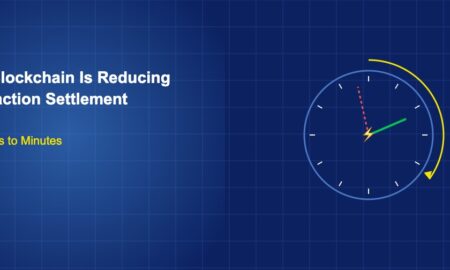 Clock face with speed arrow and lightning bolt symbol showing fast settlement on dark blue grid