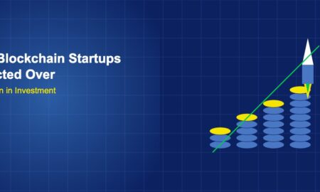 Rising coin stacks with rocket and growth arrow on dark blue grid background