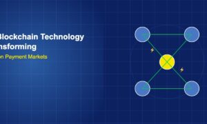 Payment network nodes connected by green arrows with lightning bolt symbols inside globe outline on dark blue grid
