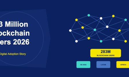 User network constellation with 283 million users badge and wallet icons on dark navy background