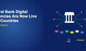 Central bank building with digital circuit lines connecting to colored country blocks, showing 11 live and 25 pilot CBDCs