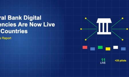 Central bank building with digital circuit lines connecting to colored country blocks, showing 11 live and 25 pilot CBDCs