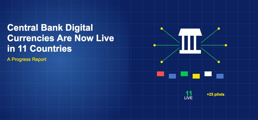 Central bank building with digital circuit lines connecting to colored country blocks, showing 11 live and 25 pilot CBDCs