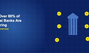 Central bank building with digital coins radiating outward connected by dashed lines on dark blue grid