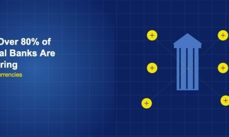 Central bank building with digital coins radiating outward connected by dashed lines on dark blue grid