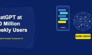 ChatGPT phone interface connected to global user network showing 900 million weekly users on dark navy background