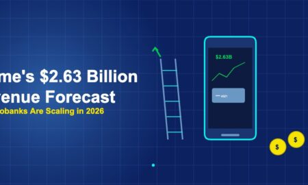Phone with neobank app scaling ladder and dollar coins