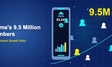 Dark blue illustration showing large smartphone with neobank interface surrounded by oversized user silhouettes radiating outward with bold 9.5M member count and upward trend line