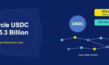 USDC coin with Circle logo and $75.3 billion circulation badge with payment network on dark navy background