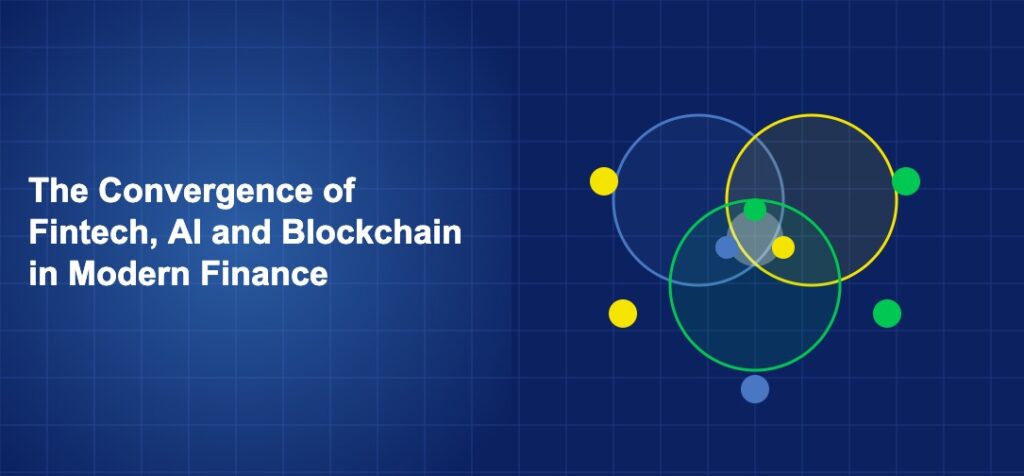 Three intersecting circles representing AI, blockchain, and fintech with technology symbols at overlap points on dark blue background
