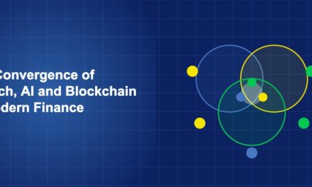 Three intersecting circles representing AI, blockchain, and fintech with technology symbols at overlap points on dark blue background