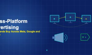 Three platform screens connected by arrows with megaphone and shopping tag