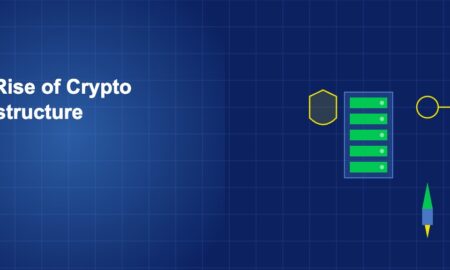 Server rack with shield and key icons plus startup rocket on dark blue grid background