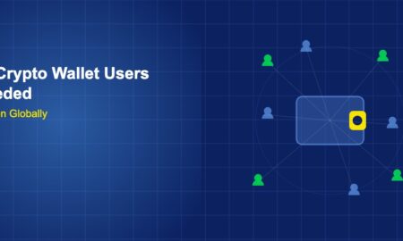 Digital wallet icon with user silhouettes spreading outward inside globe outline on dark blue grid