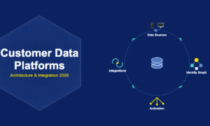 Infographic showing customer data platforms with data sources, identity graphs, activation channels, and API integrations flowing around a central database