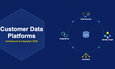 Infographic showing customer data platforms with data sources, identity graphs, activation channels, and API integrations flowing around a central database