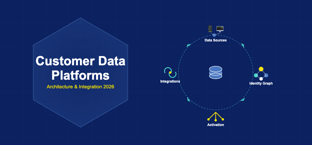 Infographic showing customer data platforms with data sources, identity graphs, activation channels, and API integrations flowing around a central database