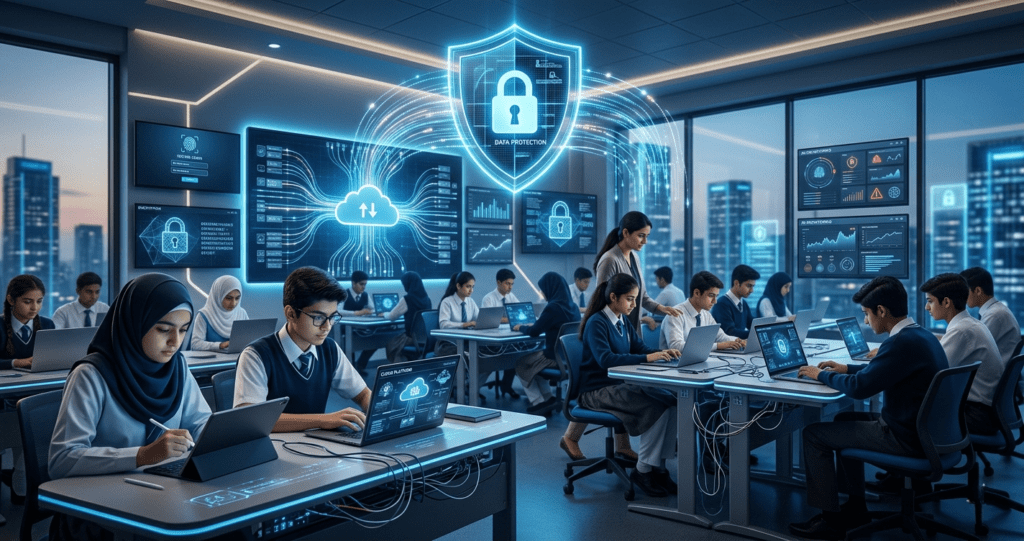 Secure digital classroom with student data protected by cybersecurity systems