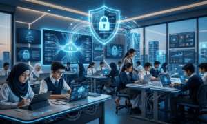 Secure digital classroom with student data protected by cybersecurity systems