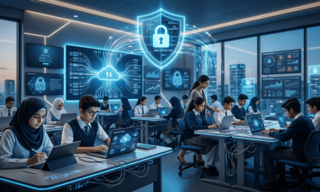 Secure digital classroom with student data protected by cybersecurity systems