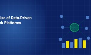 Central data hub connected to nodes with analytics bars on dark blue grid