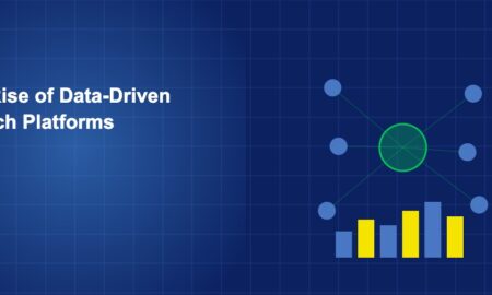 Central data hub connected to nodes with analytics bars on dark blue grid