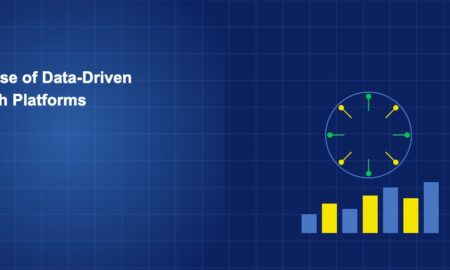 Data network hub with analytics bars on dark blue grid
