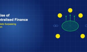 Liquidity pool with coins flowing in and yield arrows pointing up with chain link symbols on dark blue grid