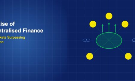 Liquidity pool with coins flowing in and yield arrows pointing up with chain link symbols on dark blue grid