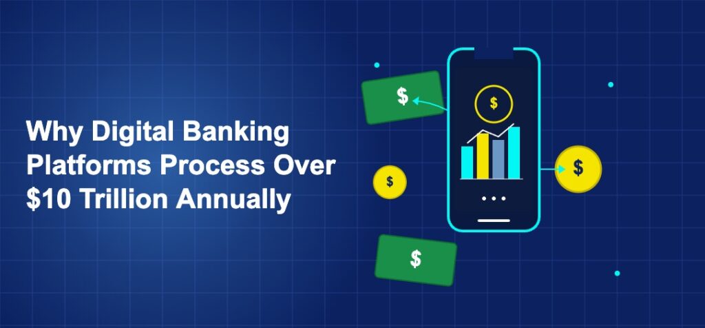 Large smartphone with banking dashboard surrounded by money bills and coins