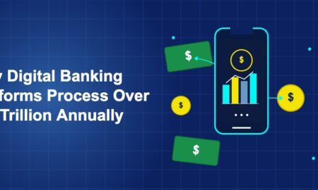 Large smartphone with banking dashboard surrounded by money bills and coins