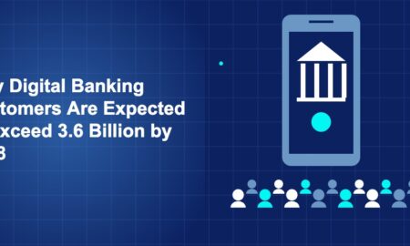 Dark blue illustration with large smartphone showing bank icon and crowd of user silhouettes in white and cyan below