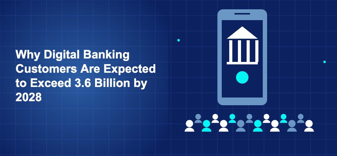 Dark blue illustration with large smartphone showing bank icon and crowd of user silhouettes in white and cyan below