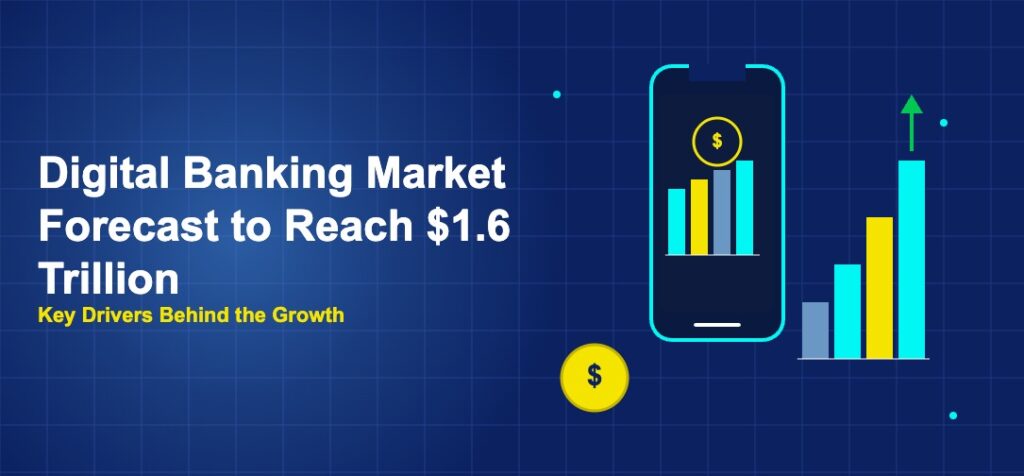 Smartphone with banking interface and rising bar chart with green arrow