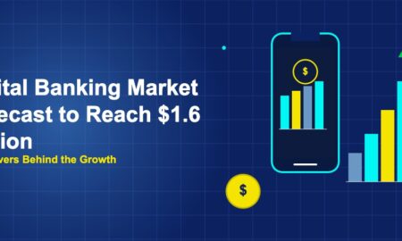 Smartphone with banking interface and rising bar chart with green arrow