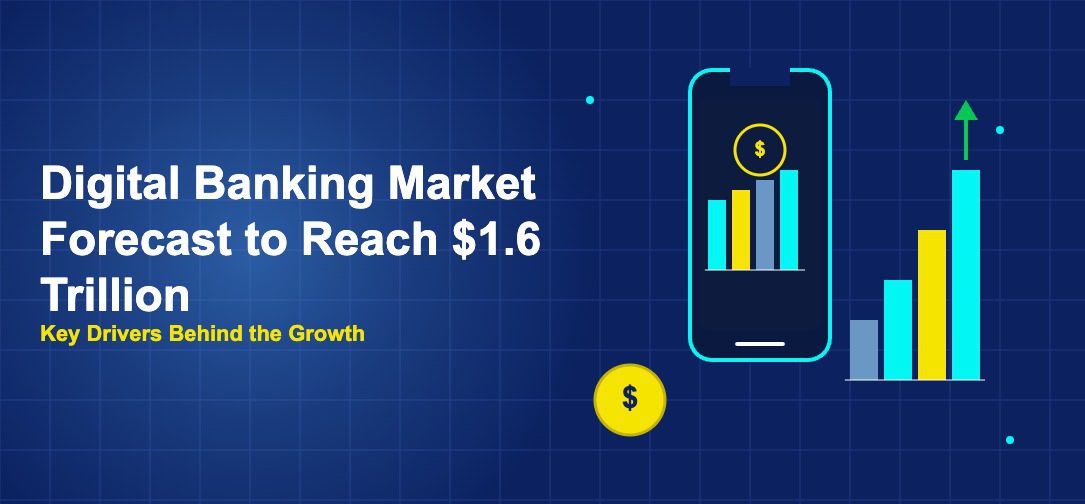 Smartphone with banking interface and rising bar chart with green arrow