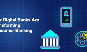 Dark blue illustration showing a neobank phone icon, a classical bank building, and a digital globe arranged in a triangle composition