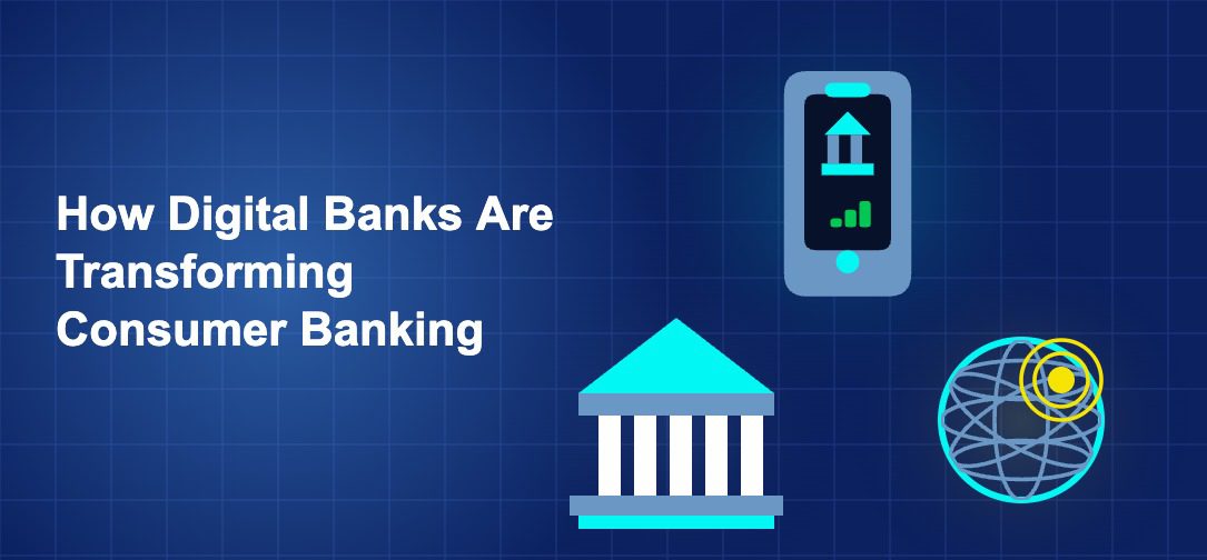 Dark blue illustration showing a neobank phone icon, a classical bank building, and a digital globe arranged in a triangle composition