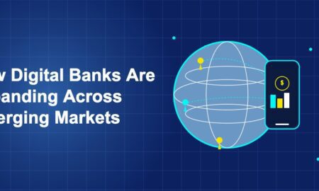 Large globe with location pins and smartphone with banking interface