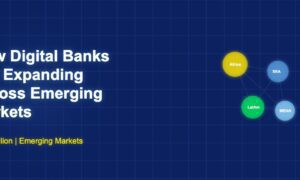 Connected regional nodes showing digital banking expansion in emerging markets