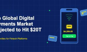 Smartphone showing tap-to-pay checkout screen with floating credit cards and contactless payment waves on dark blue grid background