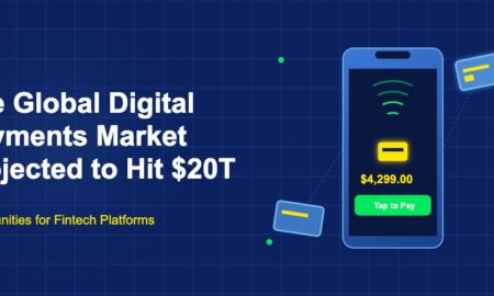 Smartphone showing tap-to-pay checkout screen with floating credit cards and contactless payment waves on dark blue grid background