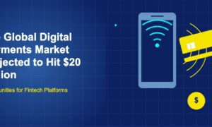 Dark blue illustration with large smartphone with contactless payment waves and tilted yellow credit card