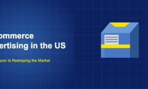 Three-dimensional blue delivery box with yellow tape strips and a white shipping label on a navy background